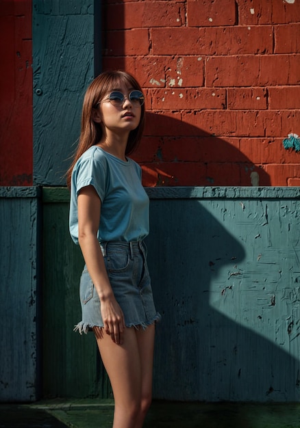 a casual stylish girl wearing sunglasses stands in front of a colorful rustic brick wall