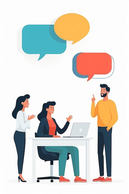 Photo casual talk in office team of three people having conversation and dialogue together with speech bubbles flat design simple vector illustration with white background