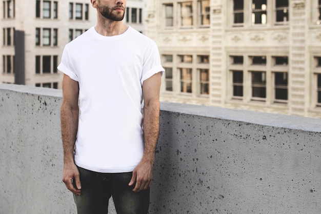 Casual white tshirt man in the city apparel shoot