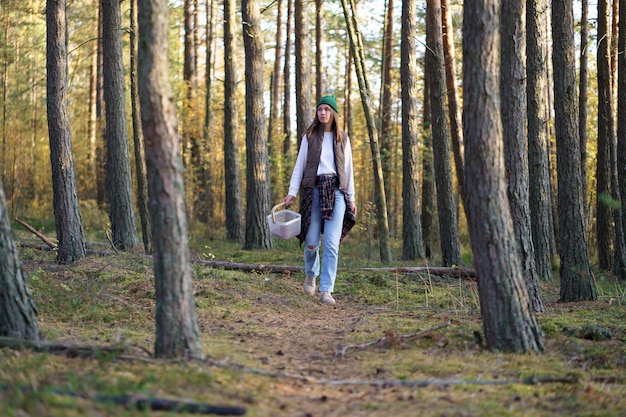 Casual woman walk in autumn forest searching mushrooms in sunny pine woods fall season leisure