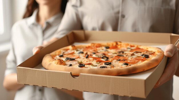 Casual young man holding italian pizza in flat box copy space for text food delivery concept