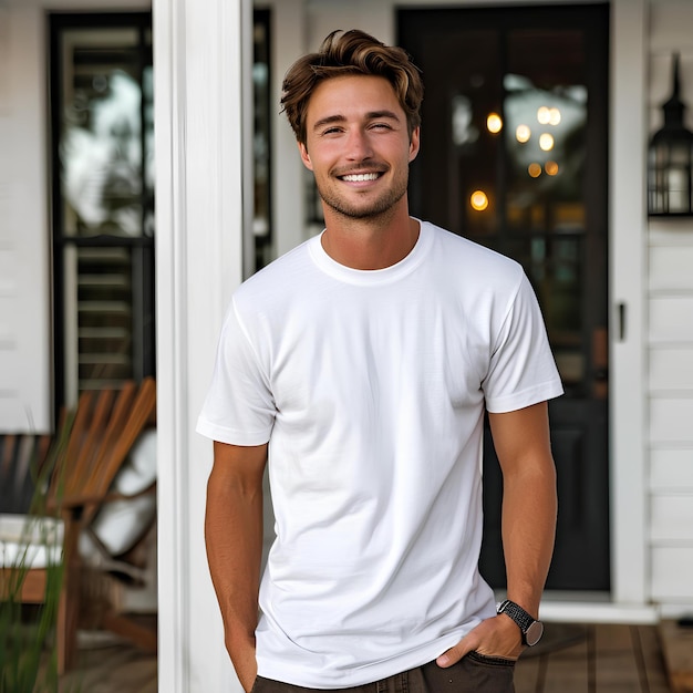 Casual young man in an white t shirt standing on a porch