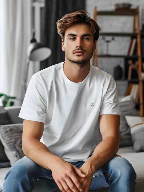 Casual Young Man in White TShirt Indoors Generative Ai