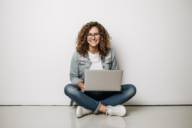 Casual Young Woman Working Happily with Laptop