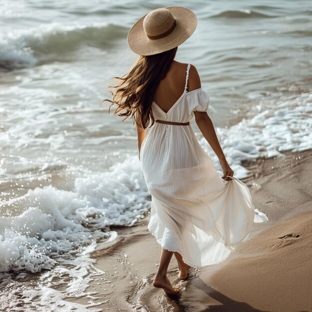 Casually Chic A Woman Walking along the Beach in a White Dress and Hat