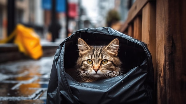 A cat abandoned on the street loneliness a lost stray a pet Cat in a garbage bag AI generated