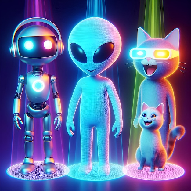 Photo cat alien ufos robot friendship friend handshake hug illustration future fantastic virtual reality