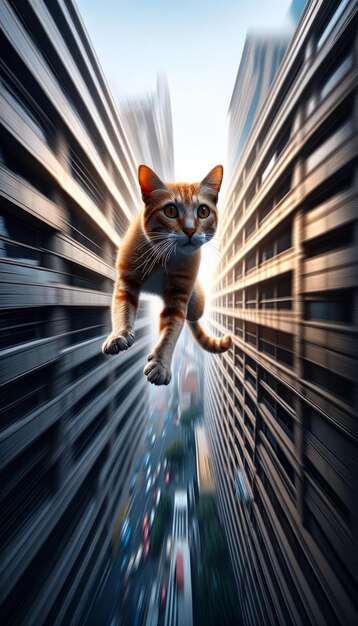 Photo a cat appears to fly between highrise buildings in a dynamic urban scene