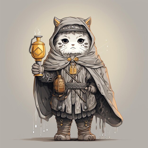 Cat in armor and with a lantern in its paw generated by AI