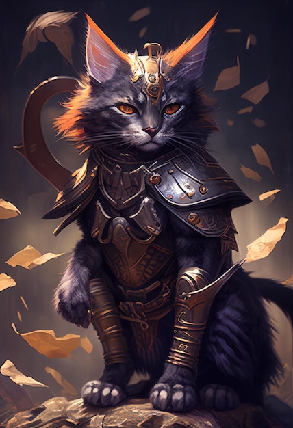 A cat in a armor with a sword on it.