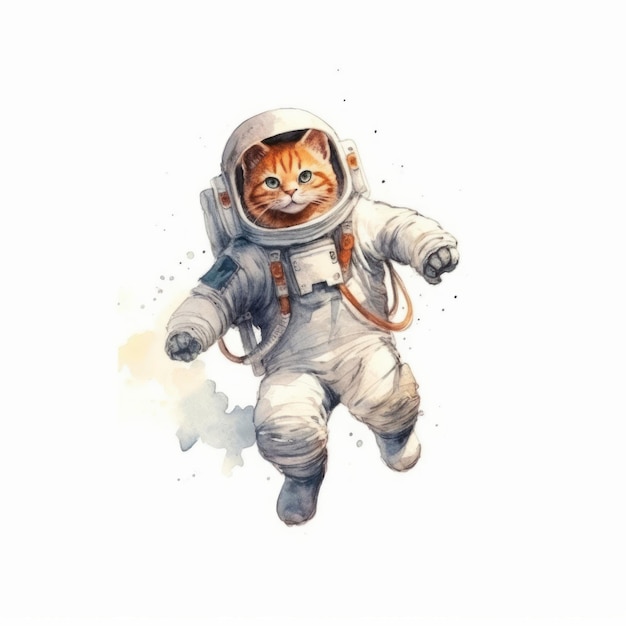 Cat astronaut in spacesuit isolated on white background Watercolor illustration