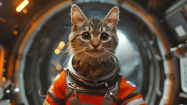 Cat in an astronaut suit floating in zero gravity inside a spaceship with space for text