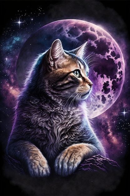 Cat on background of cosmic universe Purple Neo colour Cat on background of Moon Galaxy