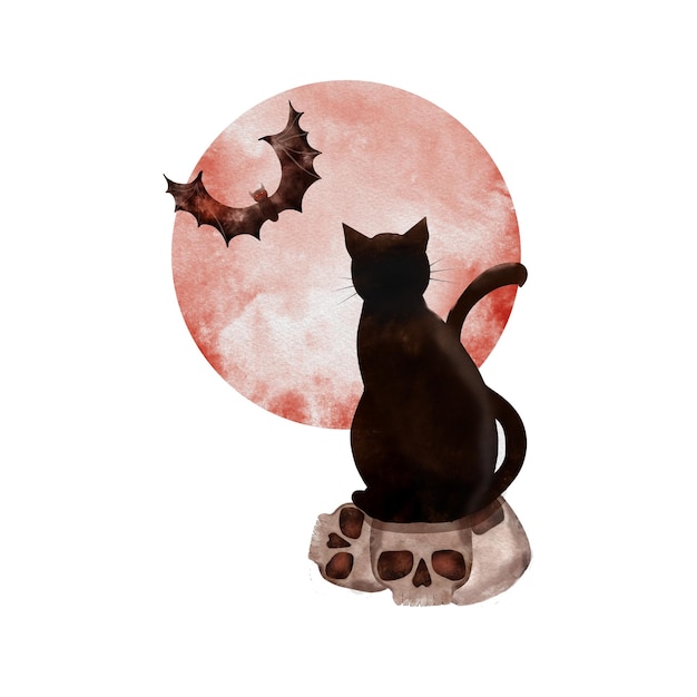 Cat on the background of the moon Watercolor illustration on a white isolated background