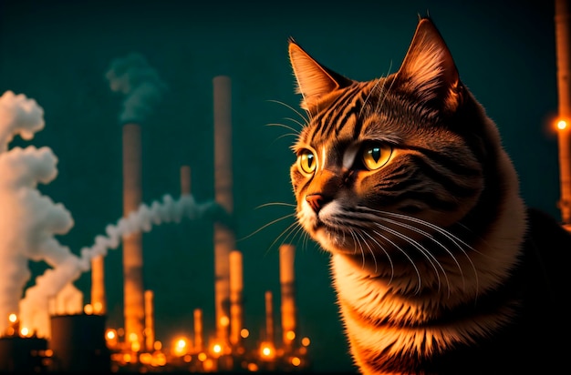 Cat on background of polluting industry Poor pussycat on walk with poisoned air Generative AI