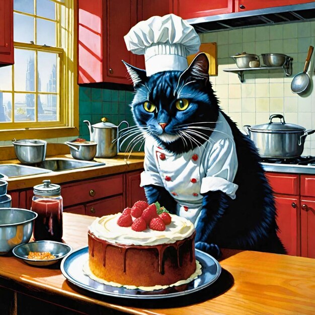 Photo a cat baking a cake