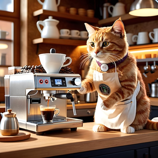 The cat barista would be dressed in a cute BARISTA uniform the bossy cat would be making coffee and