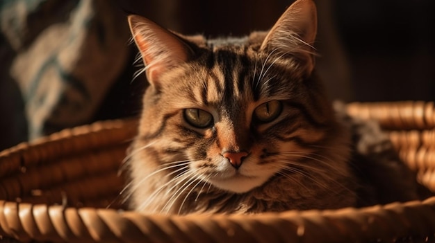 A cat in a basket is looking at the camera.