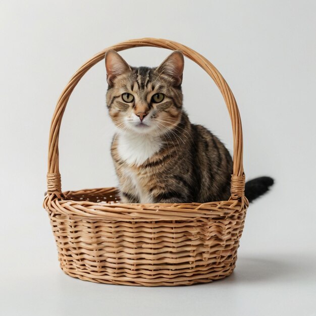 Cat in basket on white background