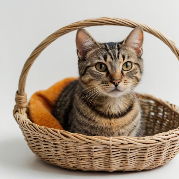 Cat in basket on white background