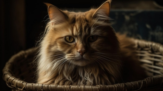 A cat in a basket with a dark background