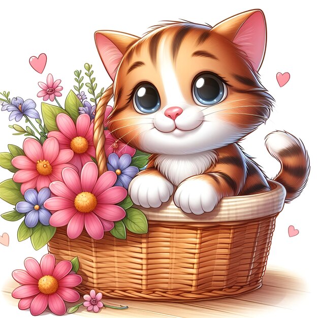 a cat in a basket with flowers and a heart on the front