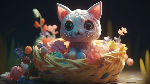 A cat in a basket with flowers