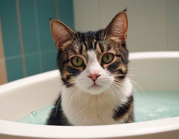 Cat bathing in bathtub looking at camera