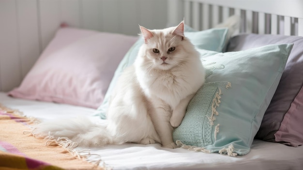 Cat on the bed in a white bedroom