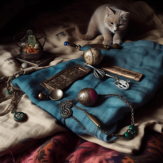 Photo cat on the bed with a lot of jewelry accessories for cat