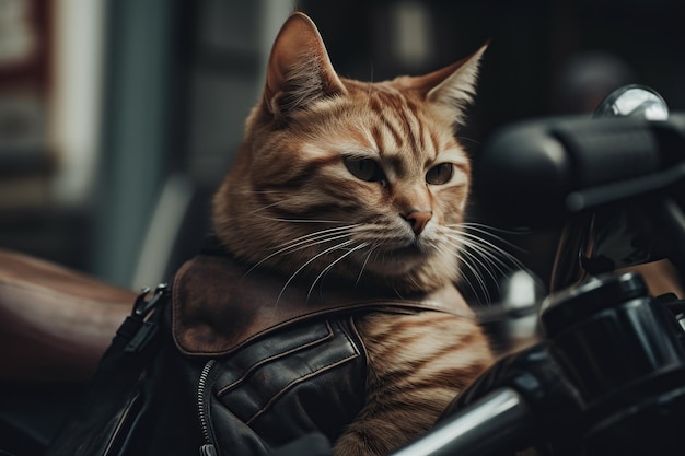 Cat biker in a leather jacket driving a motorcycle rides