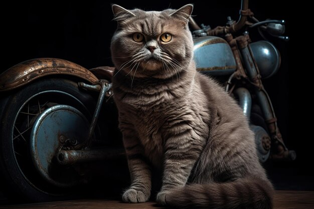 Cat biker in a leather jacket driving a motorcycle rides