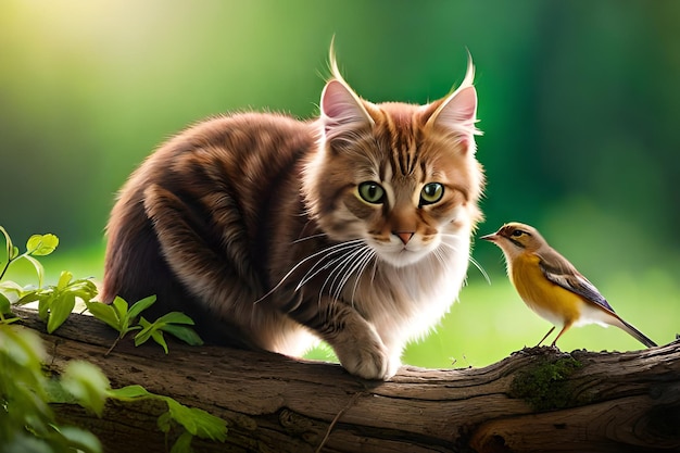 A cat and a bird on a branch