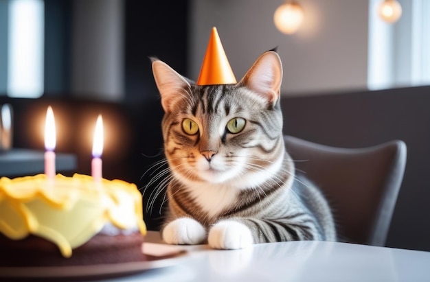 Cat birthday cat sits in a cap at the table next to the cake