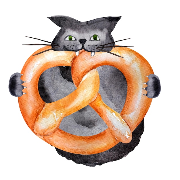 Cat biting a pretzel and holding paws watercolor illustration postcard