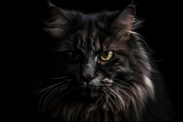 Cat in black portrait of a cat against a black background Generative AI