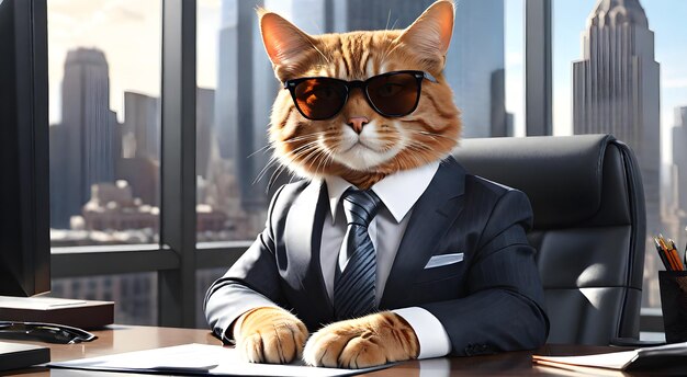 Photo cat boss wearing stylish sunglasses and suit with a tie