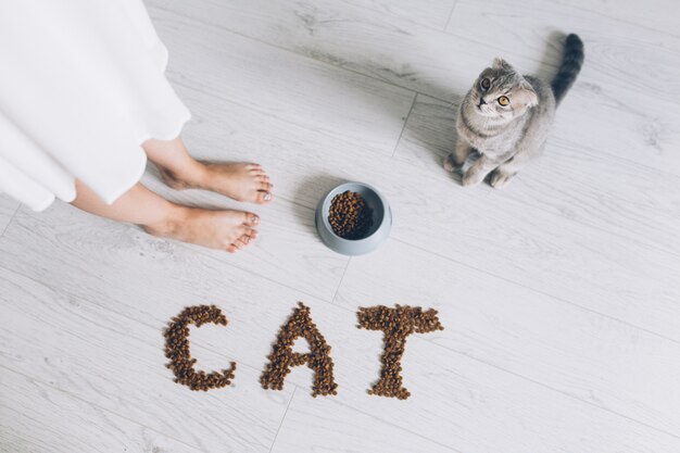 Cat at bowl and word made of food