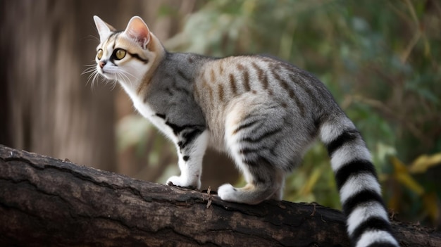 A cat on a branch looking at the camera