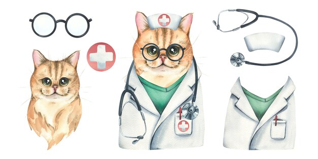 Photo cat breed golden chinchilla doctor with a stethoscope in a medical suit and glasses watercolor illustration isolated object from the veterinary collection for the design and design