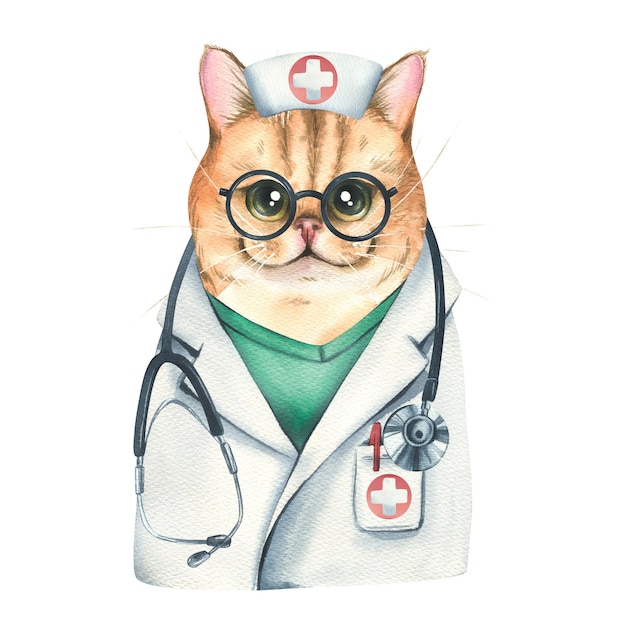 Cat breed golden chinchilla doctor with a stethoscope in a medical suit and glasses