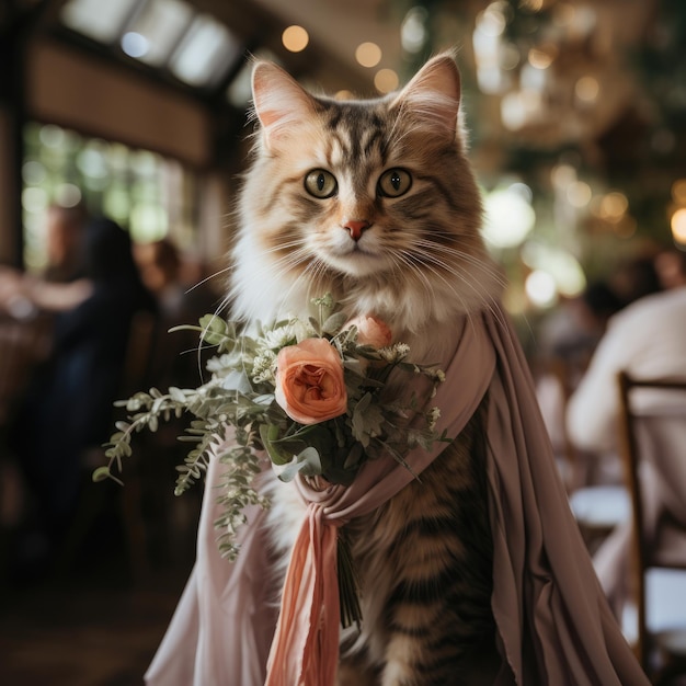 cat in bridesmaid dress walking down the aisle