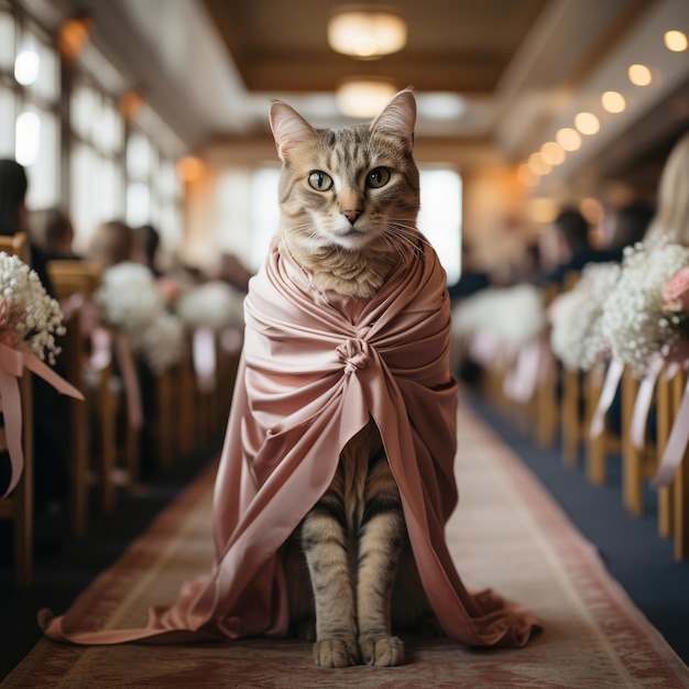 cat in bridesmaid dress walking down the aisle