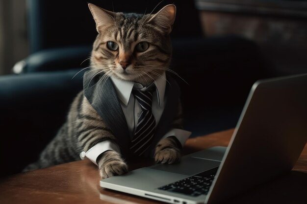 Photo cat businessman in a suit works at a laptop in the office ai generated