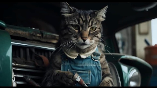 Cat in a car with a man in a blue overalls