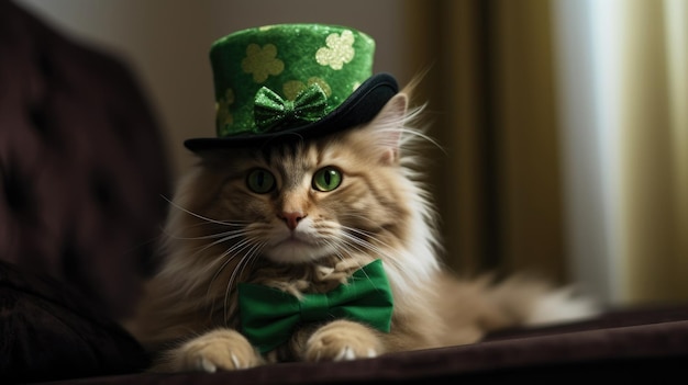 Cat celebrates St Patrick's Day in a green suit top hat clover AI generated