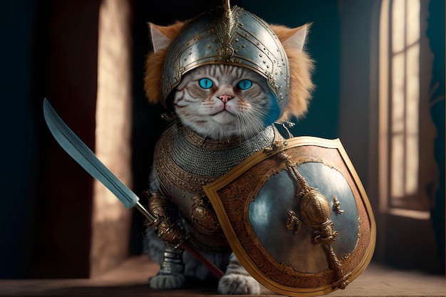 Cat character concept with shield and sword in ancient ages Generative AI