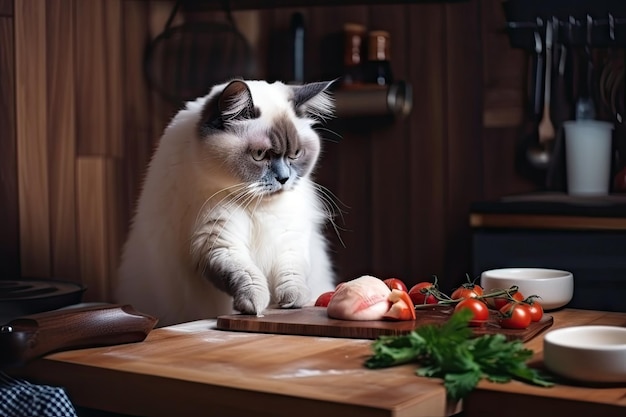 Cat chef chopping ingredients for delicious meal with knife and board