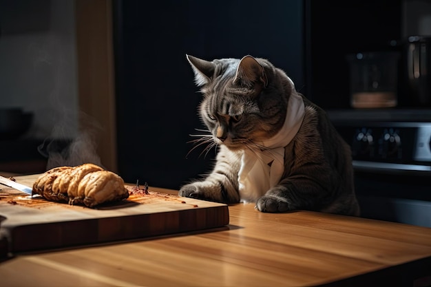 Cat chef roasting chicken on a wooden board