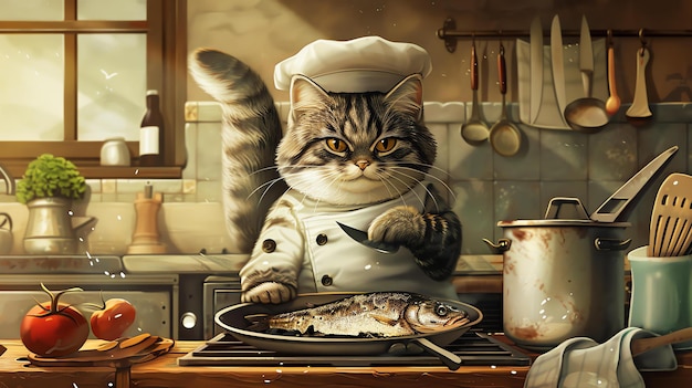 A cat in a chefs hat and outfit cooking a fish in a vintage kitchen setting with various utensils in the background